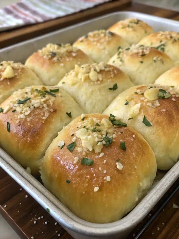 A family-style meal with a bowl of tomato soup and a basket of warm garlic bread rolls on the table