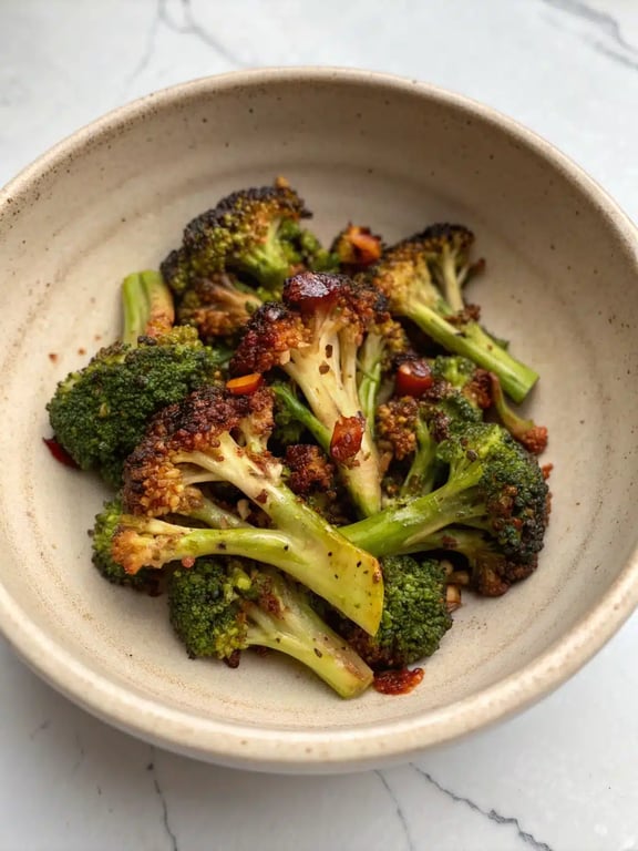 gochujang broccoli recipe plated with rice and protein for a complete meal