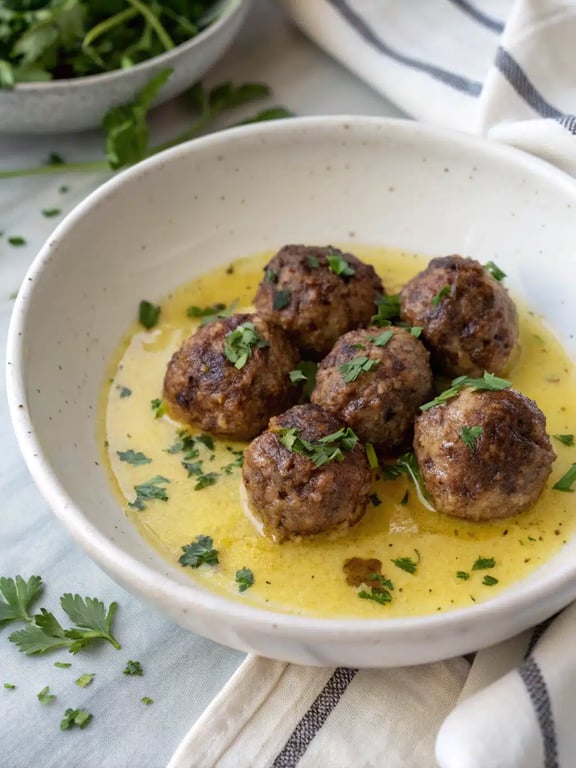 Greek meatballs lemon sauce plated with rice and a fresh salad