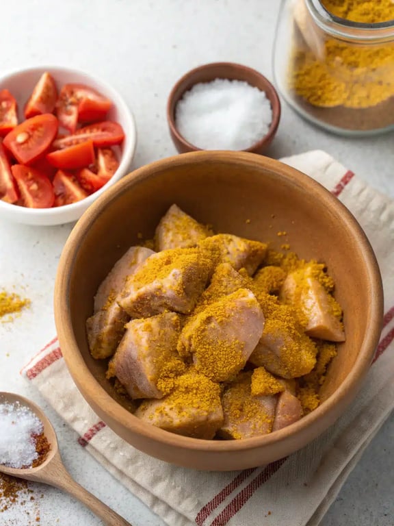 Step 4 for Indian chicken curry recipe — chicken simmering in a rich, spiced tomato sauce
