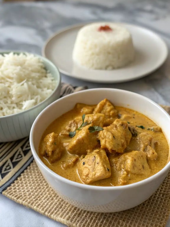 Indian chicken curry recipe beautifully plated in a bowl with rice, naan, and fresh cilantro garnish