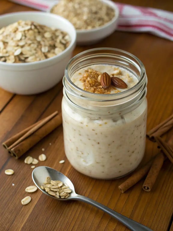 Stirring thickened Indian overnight oats to check creamy consistency