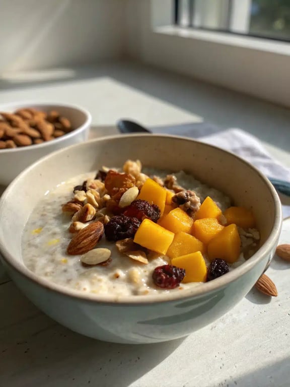 A beautifully styled bowl of Indian overnight oats with mango and nuts on a wooden table