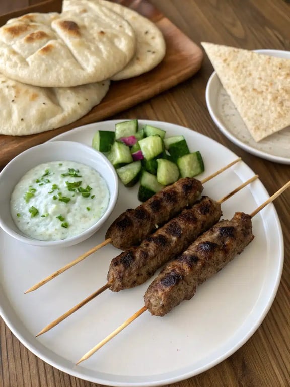 A platter of grilled kofta skewers with pita bread, yogurt sauce, and fresh vegetables