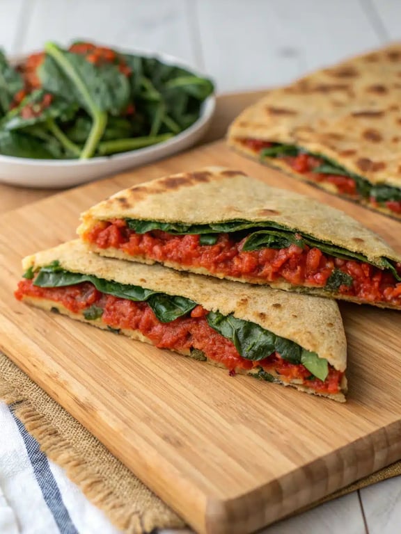 lentil spinach flatbread served with fresh salad and dipping sauce
