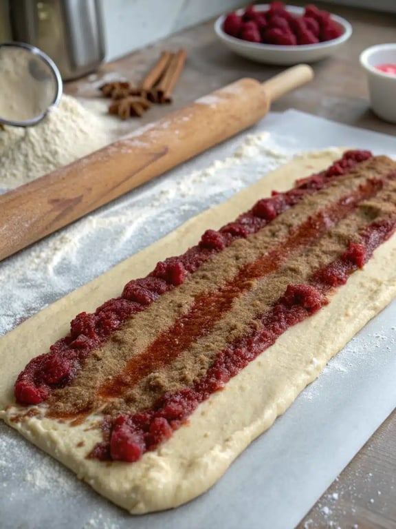 Spreading the raspberry cinnamon filling onto the rolled-out dough rectangle