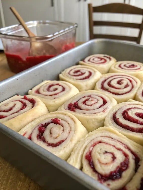 Final baked raspberry cinnamon rolls with vanilla glaze in a baking dish