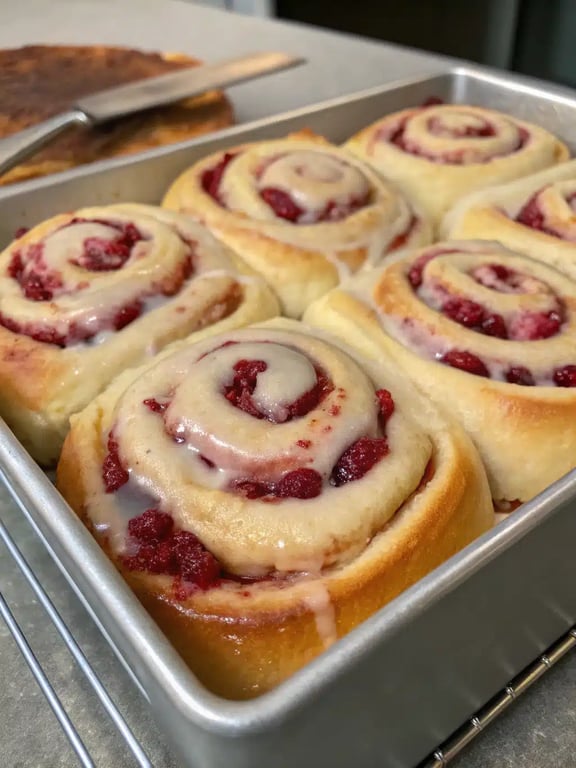 Freshly baked raspberry cinnamon rolls arranged on a wooden board with coffee and fresh berries