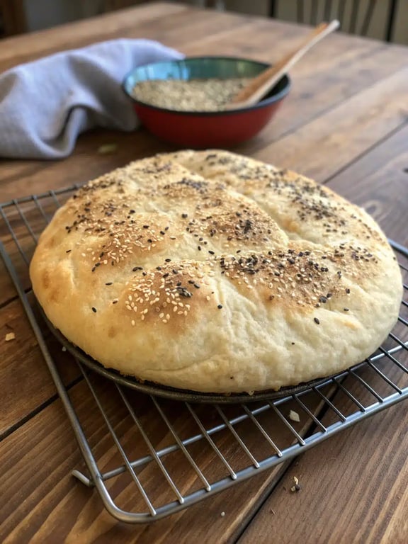 Turkish skillet bread recipe served on a wooden board with dips and olives