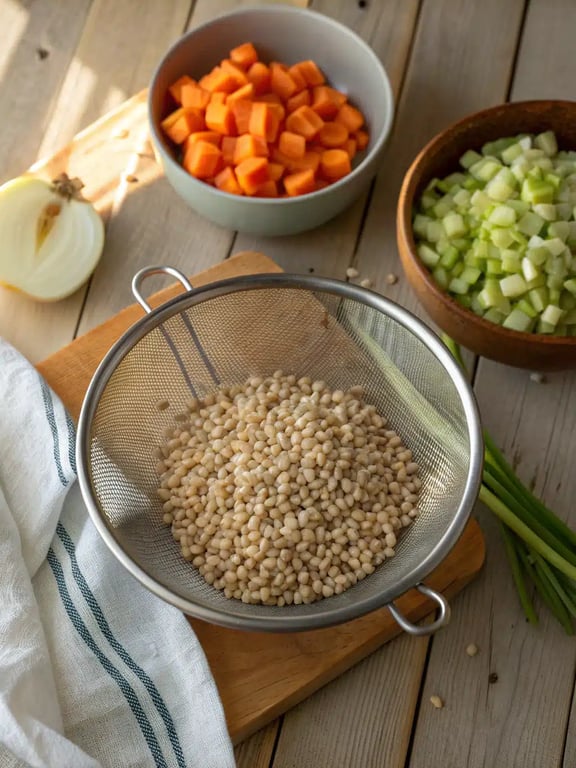 Step 2 for vegetarian barley soup — process in progress