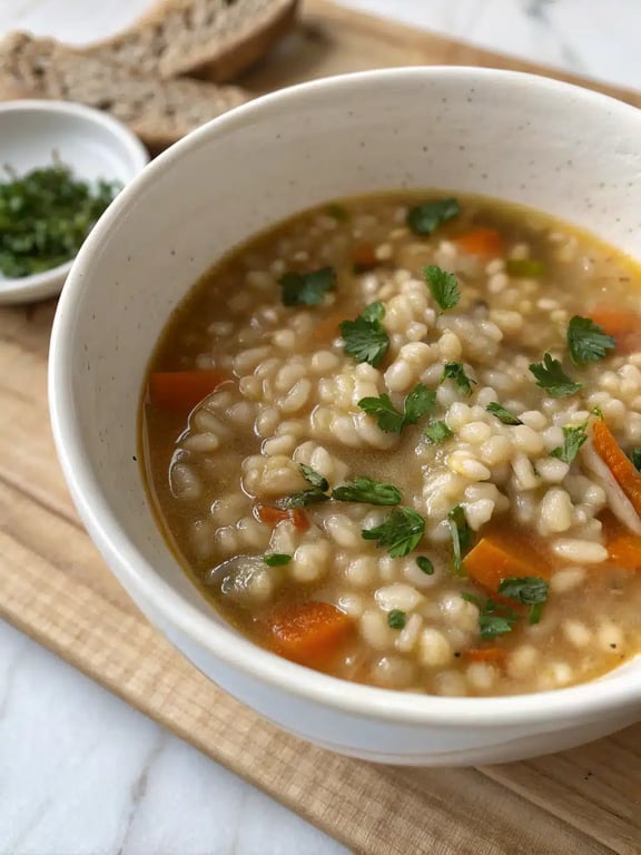 A beautifully set table with a bowl of vegetarian barley soup, crusty bread, and a small salad