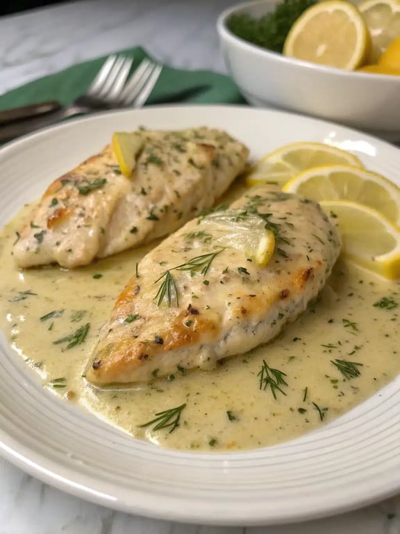 lemon dill chicken plated with rice and asparagus