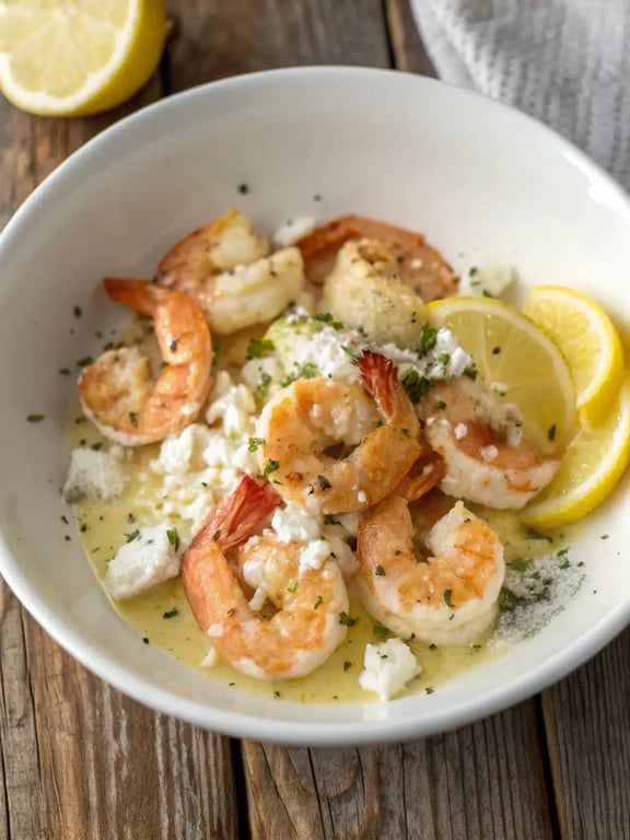 lemon feta shrimp plated over a bed of pasta with a side salad