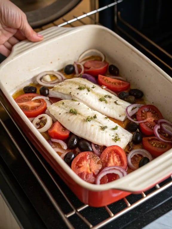 Mediterranean baked fish — final step Final step for Mediterranean baked fish — plated and ready