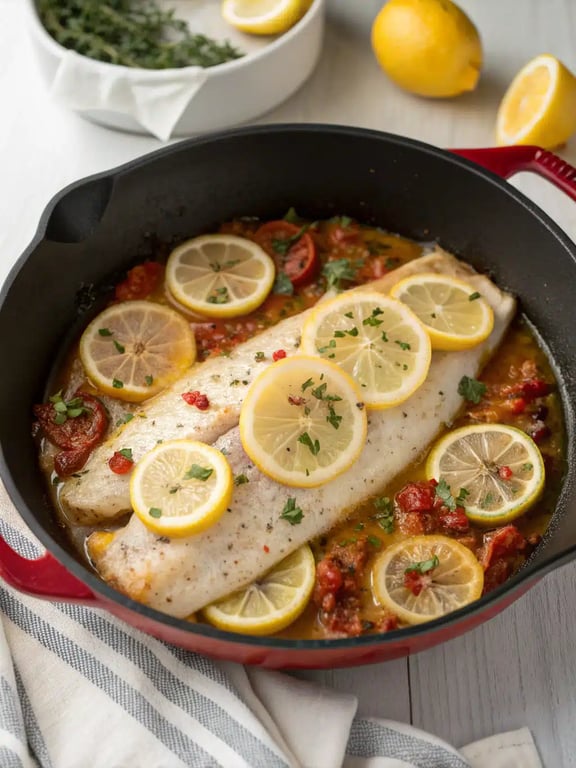 Final step for Mediterranean baked fish — plated and ready