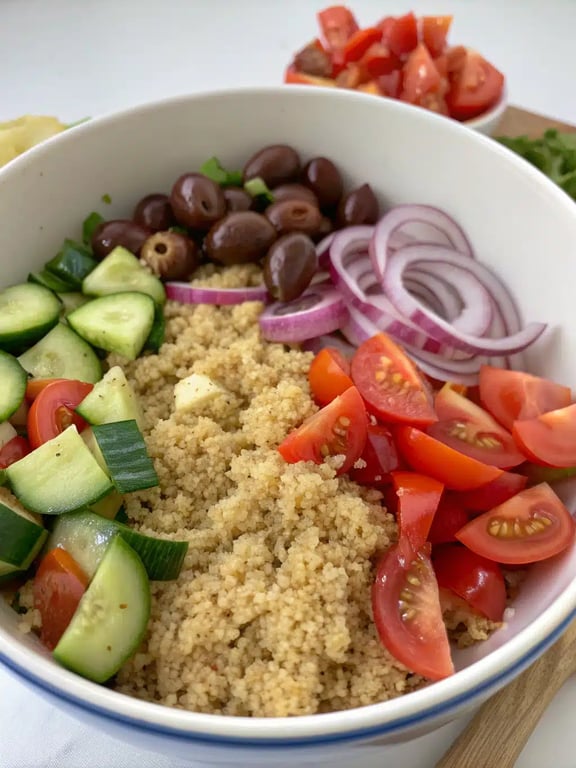 Final step for Mediterranean bowl recipe — plated and ready