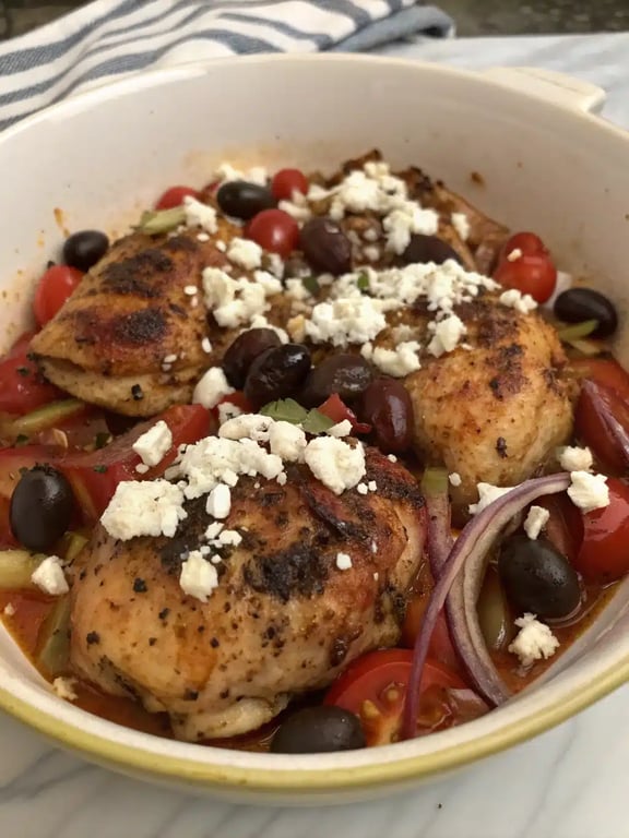 Mediterranean chicken recipe plated with couscous and a side salad