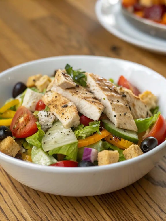 Mediterranean chicken salad beautifully plated with pita bread and lemon wedges