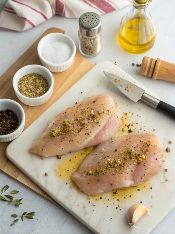 Roasted chicken breasts resting before being chopped for Mediterranean chicken salad