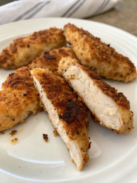 Mediterranean chicken tenders plated with lemon wedges and fresh herbs