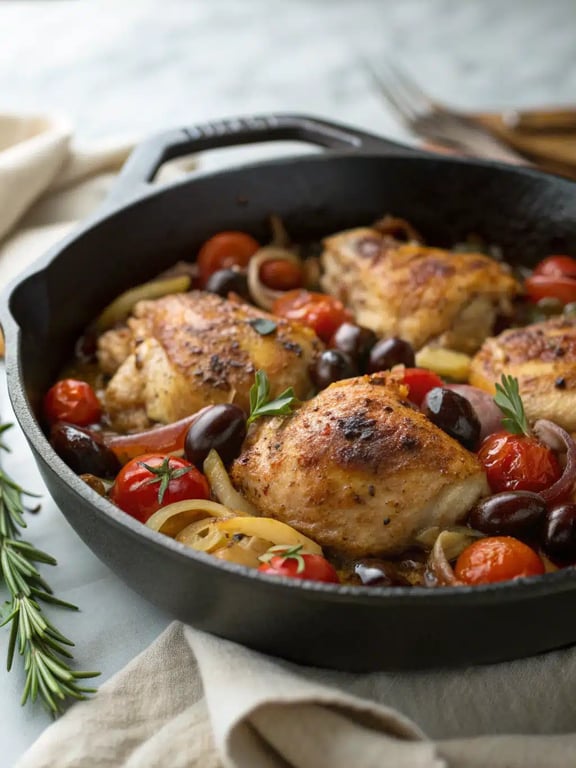 Mediterranean chicken thighs plated with rice and a fresh salad on the side
