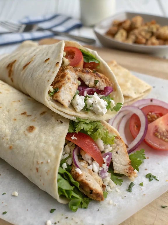 A platter of Mediterranean chicken wraps served with fresh sides