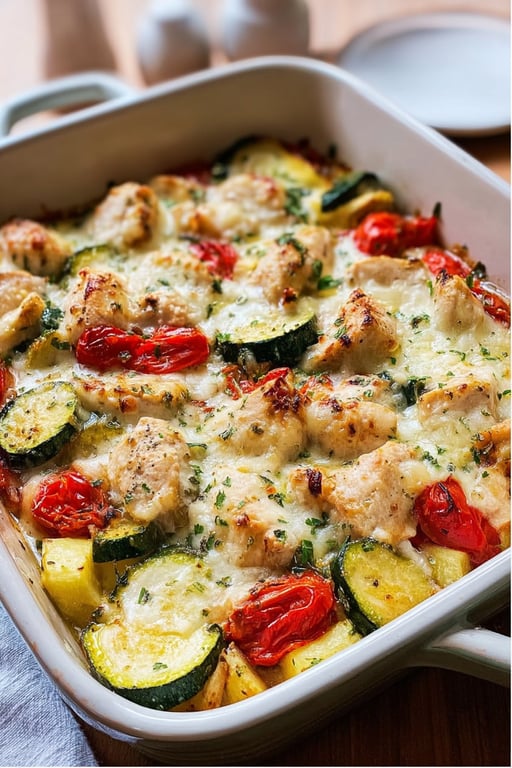 Mediterranean Chicken Zucchini Bake: Makes 4 Servings