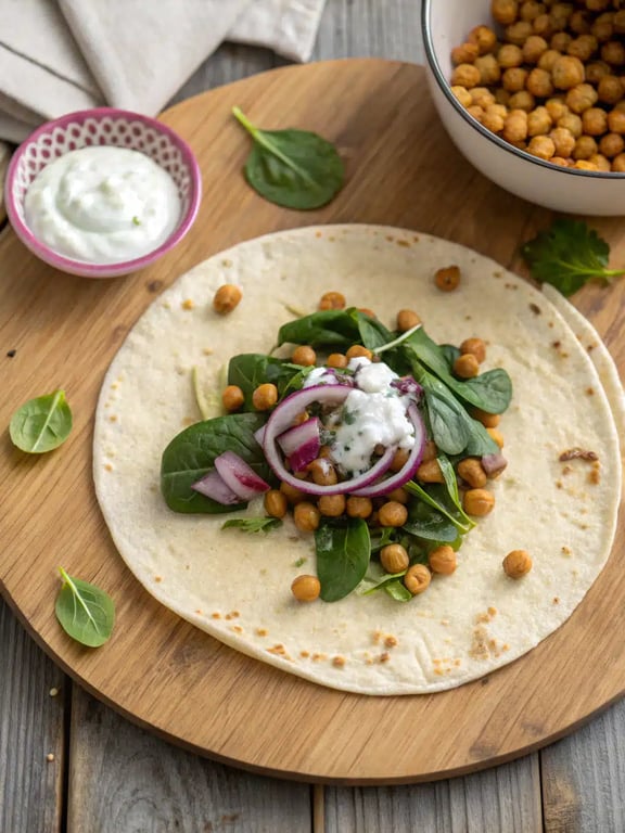 A finished Mediterranean chickpea wrap, sliced in half and ready to eat