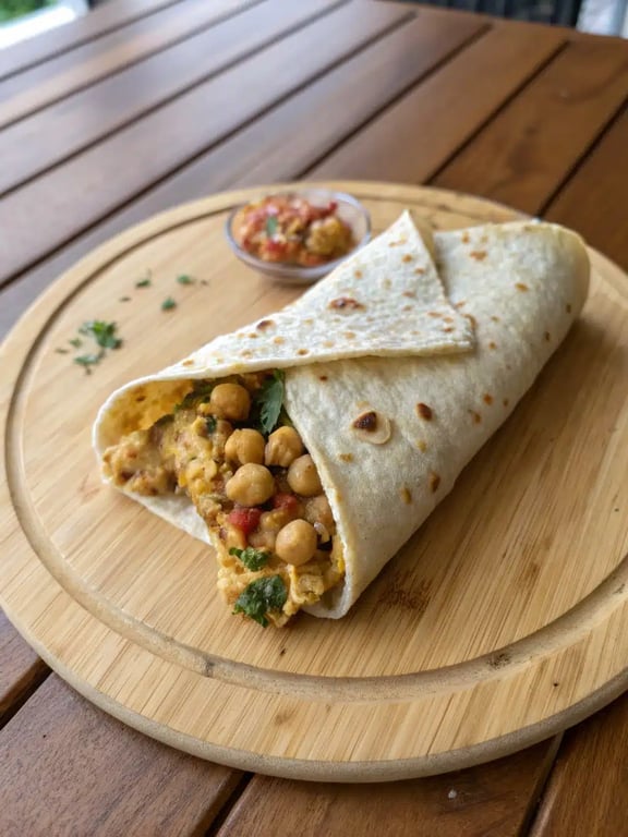 A plated Mediterranean chickpea wrap with a side salad and lemon wedge, ready to enjoy