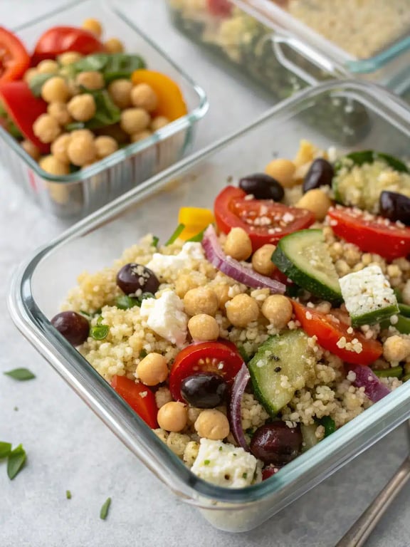 Mediterranean diet meal prep beautifully plated with lemon wedges and fresh herbs