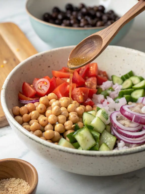 Step 4 for Mediterranean diet recipes — sprinkling feta and parsley on the salad