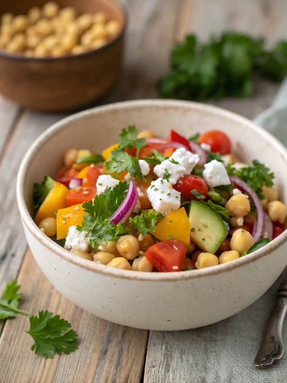 A beautifully plated Mediterranean diet recipes Greek salad served with grilled chicken and pita bread