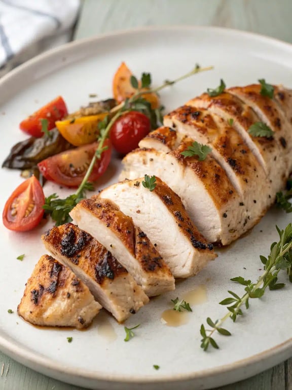Mediterranean grilled chicken plated with colorful sides and grilled lemon