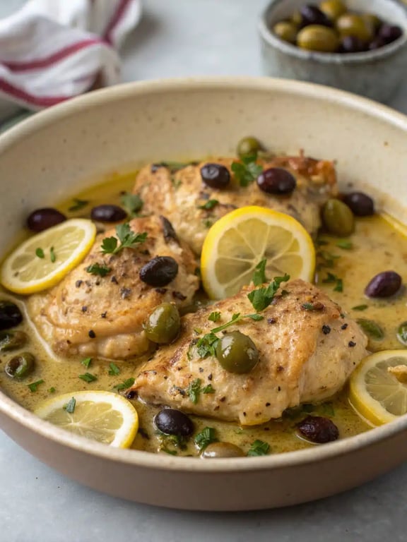 Mediterranean lemon chicken beautifully plated with couscous and roasted vegetables