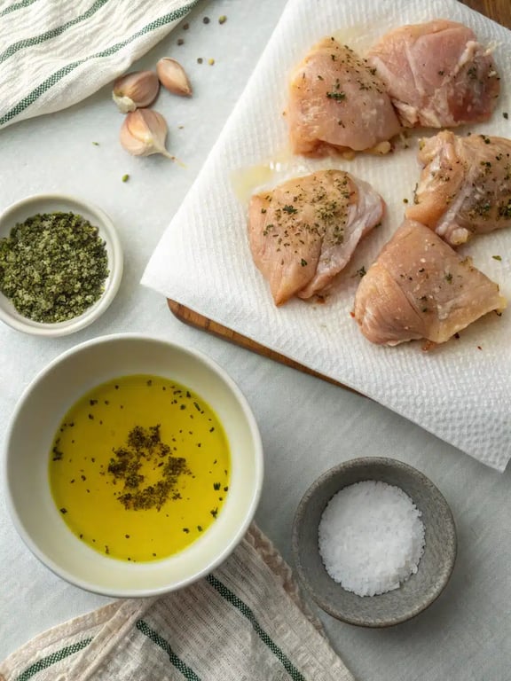 Step 2 for Mediterranean lemon chicken — searing chicken thighs in a skillet