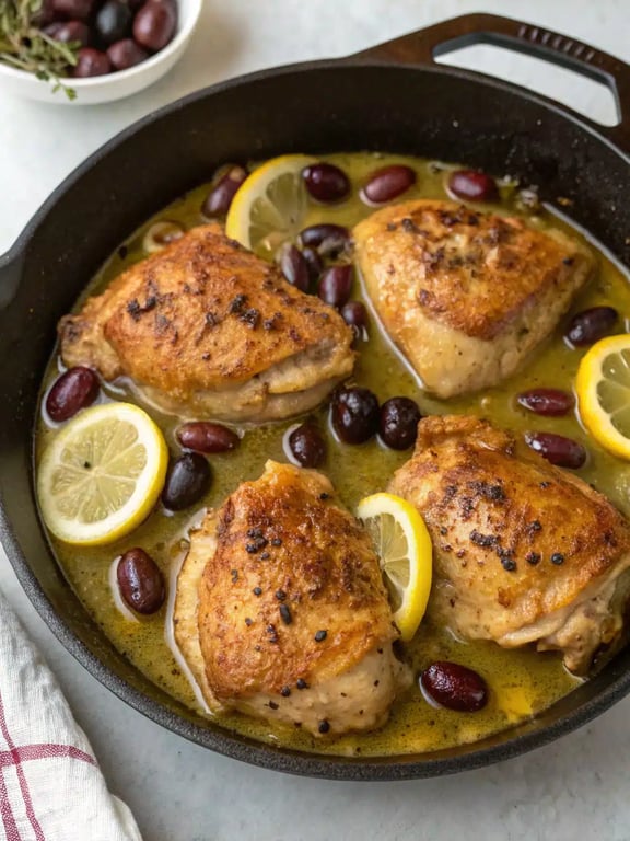 Final step for Mediterranean lemon chicken — plated with sauce and parsley garnish