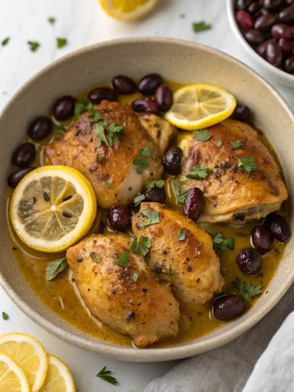 Mediterranean lemon chicken plated family-style with couscous and roasted vegetables