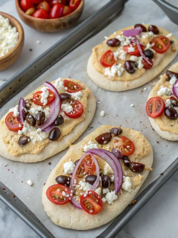 Step 4 for Mediterranean naan pizza — topping the flatbread with tomatoes, onions, and olives