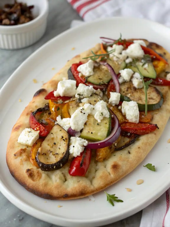 Mediterranean naan pizza plated on a wooden board with a fresh side salad
