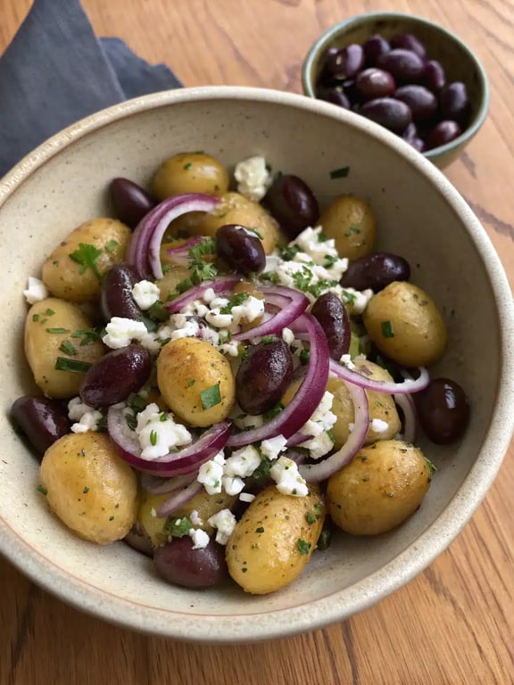 Final step for Mediterranean potato salad — beautifully plated and ready to eat