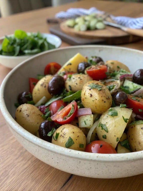 Mediterranean potato salad beautifully plated with grilled chicken and fresh herbs