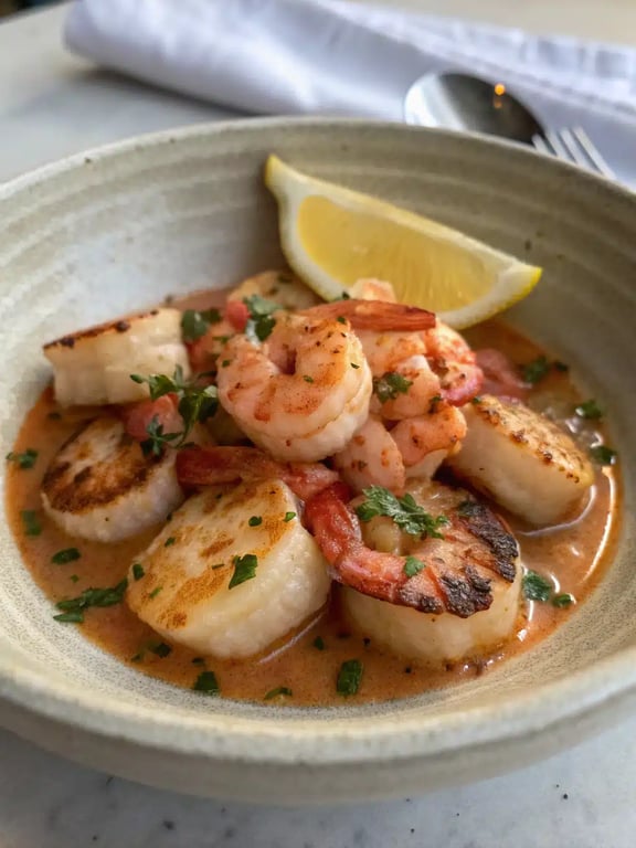 Mediterranean seafood recipes plated with crusty bread and a green salad