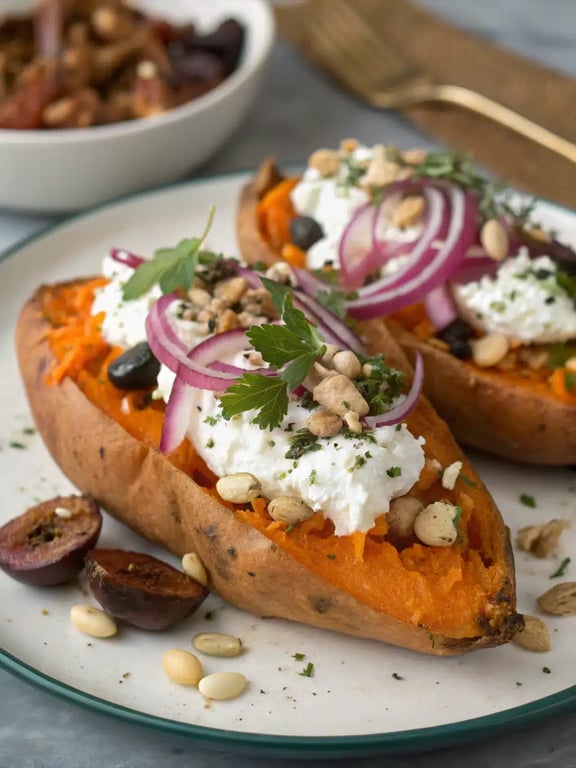 Mediterranean sweet potatoes recipe beautifully plated with side salad