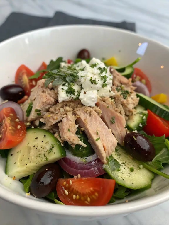 Mediterranean tuna salad beautifully plated with fresh sides