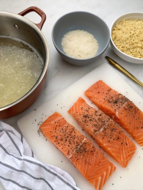 Step 2 for seared salmon orzo — process in progress