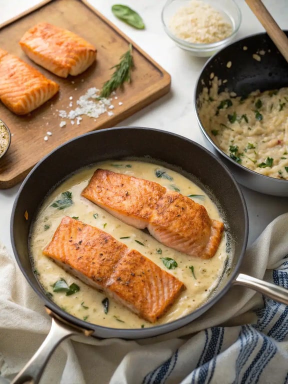 Final step for seared salmon orzo — plated and ready