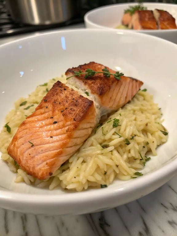 seared salmon orzo beautifully plated with lemon wedges and fresh herbs