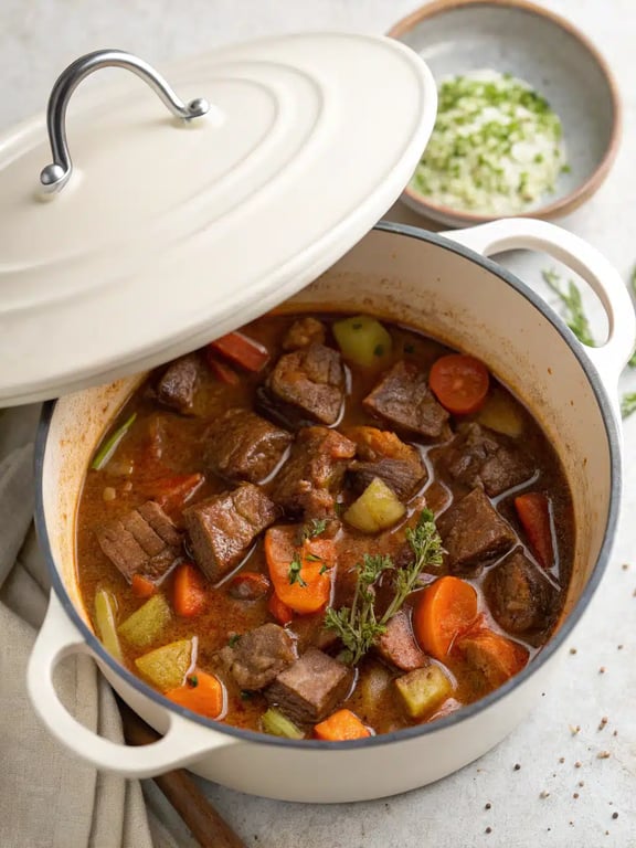 Final step for beef stew recipe — ladling stew into a bowl