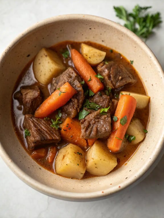 A beautifully plated bowl of beef stew recipe with fresh parsley garnish