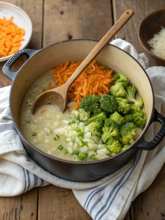 Simmering broccoli and carrots in the creamy soup base for broccoli cheddar soup